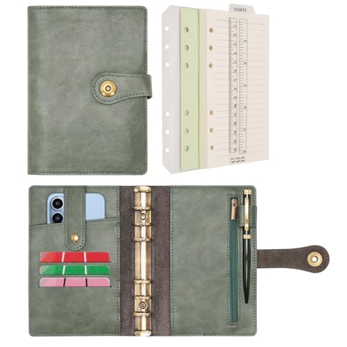 Wonderpool Ringbuch Notizbuch A6 Nachfüllbar Leder Tagebuch Organizer Binder Ordner mit Taschen Liniertes Papier Stift für Büro Schule Geschäft Reisen Planung Schreiben (Grün,A6) von Wonderpool