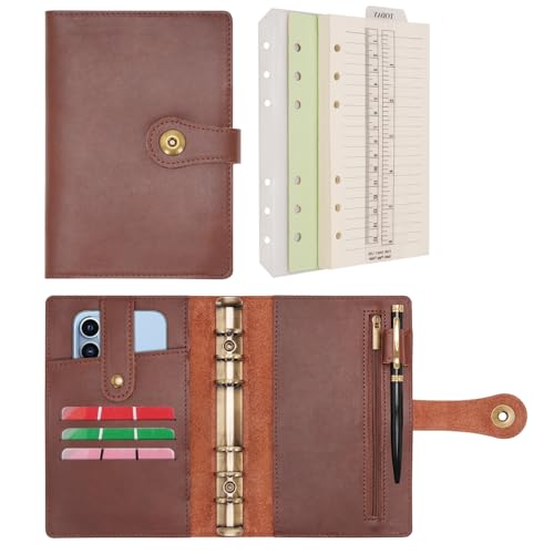 Wonderpool Ringbuch Notizbuch A6 Nachfüllbar Leder Tagebuch Organizer Binder Ordner mit Taschen Liniertes Papier Stift für Büro Schule Geschäft Reisen Planung Schreiben (Kaffee,A6) von Wonderpool