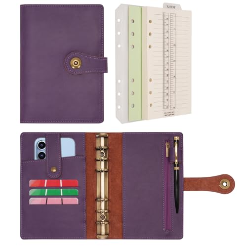 Wonderpool Ringbuch Notizbuch A6 Nachfüllbar Leder Tagebuch Organizer Binder Ordner mit Taschen Liniertes Papier Stift für Büro Schule Geschäft Reisen Planung Schreiben (Lila,A6) von Wonderpool