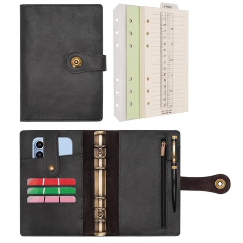 Wonderpool Ringbuch Notizbuch A6 Nachfüllbar Leder Tagebuch Organizer Binder Ordner mit Taschen Liniertes Papier Stift für Büro Schule Geschäft Reisen Planung Schreiben (Schwarz,A6) von Wonderpool