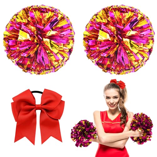 Wondora 2 Stück Cheerleader Pompons red Pompons Cheerleader, Pompoms Cheerleading, mit Große Cheer Schleife, Geeignet für Sportwettbewerbe Teamgeist, Cheerleading Kinder Erwachsene (rosa) von Wondora