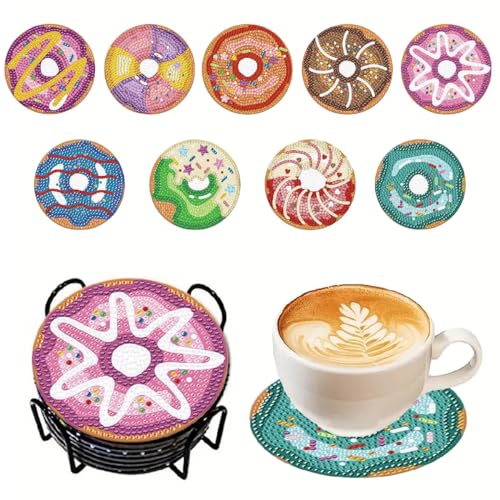 9 Stück Diamond Art Painting Untersetzer mit Ständer DIY Craft Untersetzer Krapfen Muster Runde Untersetzer(10cm) von Wondramble