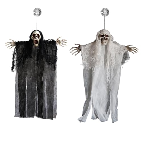 Wonjean Halloween Skeleton Decoration, Hanging Scary Ghosts Totenkopf Kopf 45 x 35 cm for Halloween Indoor and Outdoor Decoration (Schwarz und weiß) von Wonjean