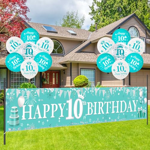 Wonmelody 10 Geburtstag Dekorationen für Mädchen Teal 10th Yard Banner Happy 10th Birthday Ballon Doppelstellige Geburtstagsdeko Blaugrün Geburtstag Dekoration Teal Birthday Party Supplies für 10 von Wonmelody