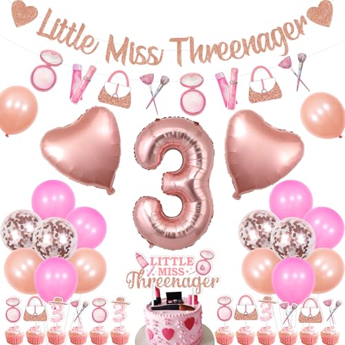 Wonmelody 3. Geburtstag Dekorationen für Mädchen Little Miss Threenager Geburtstag Dekor Banner Make-up Themenparty Girlande Kuchen Topper Herz Ballon Spa Make-up Themenparty Roségold für 3 Jahre von Wonmelody