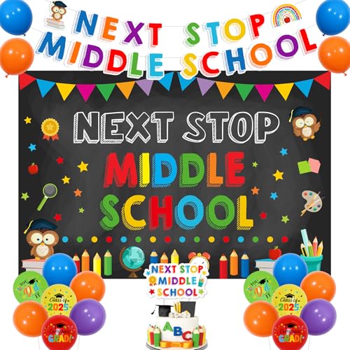 Wonmelody 5. Klasse Abschlussdekoration Next Stop Mittelschule Hintergrund Banner Kuchen Topper Luftballons Grundschule Klasse 2025 You Did it Congrats Grade für den ersten Tag der Mittelschule Party von Wonmelody