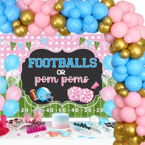 Wonmelody Fußball Geschlecht Enthüllung Dekorationen Fußball oder Pom Poms Hintergrund Banner Dekorationen Rosa und Blau Geschlecht Offenbarung Ballon Girlande Kit für Sie oder Ihn Rugby Baby Shower von Wonmelody