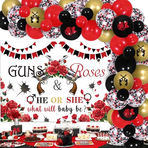 Wonmelody Guns or Roses Gender Reveal Decorations He or She What Will Baby Be Backdrop Boy or Girl Gender Reveal Balloon Garland Kit Boy or Girl Gender Reveal Decors for Red and Black Baby Shower von Wonmelody