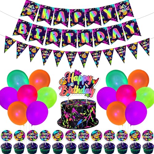 Wonmelody Neon Art Painting Geburtstag Dekor Neon Farbe Geburtstag Dekor mit Neon Glow Happy Birthday Banner Let's Paint Garlands Paint Splatter Cake Toppers für 1. 7. 10. Schluck und Malen Geburtstag von Wonmelody