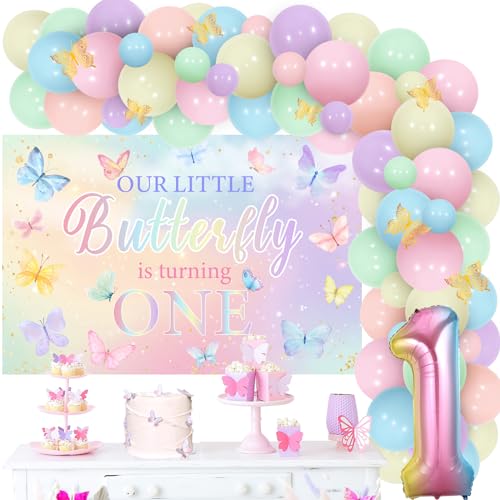 Wonmelody Schmetterling 1. Geburtstag Dekoration Mädchen Pastell Regenbogen Schmetterling Unser kleiner Schmetterling dreht sich ein Hintergrund Banner Schmetterling Luftballons Bogen Aufkleber für von Wonmelody