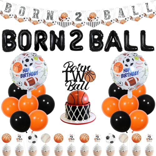 Wonmelody Sports 2nd Birthday Party Decorations Born 2 Ball Balloon Banner Sports Theme Birthday Party Decors with Basketball Happy Birthday Banner Cake Topper Football Rugby Soccer Party 2nd Boys von Wonmelody