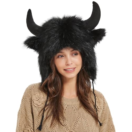 Wonsfuleu Bisonhut - Warme Büffelmütze,Tierhüte, flauschige Ohrbedeckung, pelzige Mütze für Männer und Frauen für Tier-Cosplay, Halloween, Weihnachten, Outdoor-Abenteuer von Wonsfuleu