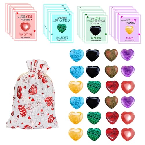 Wonsfuleu Valentinstagskarten für Kinder,Valentinskarten für Kinder im Klassenzimmer - 24er-Pack Feiertags-Valentinskarten,Edelstein-Lernkarten, Happy-Valentinstag-Karten mit herzförmigen Steinen für von Wonsfuleu