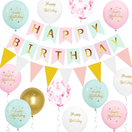 Happy Birthday Banner für Mädchen Jungen Geburtstag Party Dekorationen Pastell Regenbogen Geburtstag Dekorationen für Jungen Mädchen mit 16pcs Dicke 12 Zoll Macaron Regenbogen Geburtstag Party von Wonsta