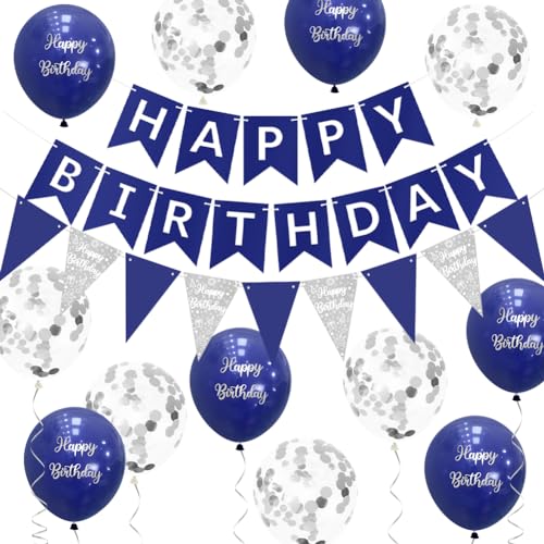 Happy Birthday Banner für Männer Blau Weiß Geburtstag Party Dekorationen Marineblau Silber Geburtstag Dekorationen mit 15 Stück Dicke 30,5 cm Blau Weiß Geburtstag Party Luftballons von Wonsta von Wonsta