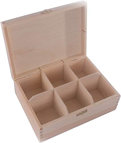 Holzkiste mit 6 Fächern & Verschluss | 22,3 x 16,5 x 8 cm | Zubehör Aufbewahrungskoffer Teebeutel Nähen Schmuck Caddy Organizer Unterteilte Fächer | Natur Unlackiert & Unbehandelt Deko Holz von WooDeeDoo