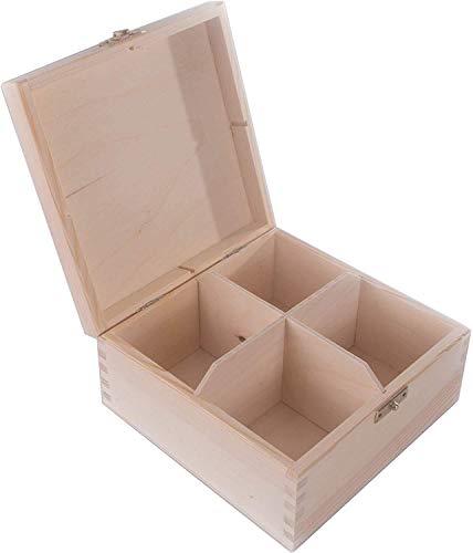 Quadratische Holzkiste mit 4 Abschnitten & Verschluss | 16,3 x 16,3 x 8 cm | Zubehör Aufbewahrungsbox Teebeutel Nähen Schmuck Caddy Organizer Unterteilte Fächer | Natur Unlackiert Deko Holz von WooDeeDoo