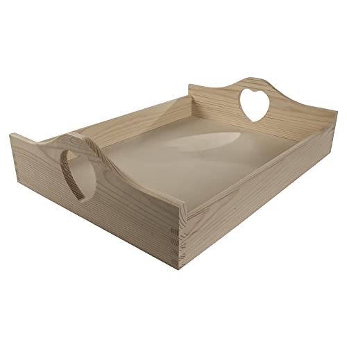 WooDeeDoo Serviertablett mit Herzgriffen, 40 x 30 x 10,5 cm, für Tee, Kaffee, Essen, Frühstück, Butler, Getränke, Snack-Präsentationsplatte | unbehandelt & unlackiert, dekoratives Holz von WooDeeDoo