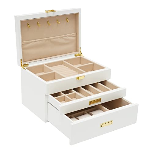 WooDerson Schmuckkasten Mit 3 Schubladen Aus Density Board, Rechteckig Schmuckbox Weiß, Schmuckschatulle Damen Für Ohrringen Ringen Armbändern, 28x19x18cm WooDerson Schmuckkasten Mit 3 Schubladen Aus Density Board, Rechteckig Schmuckbox Weiß, Schmuckschatulle Damen Für Ohrringen Ringen Armbändern, 28x19x18cm von WooDerson