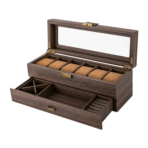 WooDerson Schmuckschatulle Mit Uhrenfach, Holzfarbe Uhren Schmuckbox Mit Schloss, 6 Fächer Uhrenbox Mit Schublade, Für Uhrengeschäften, Wohnungen, Büros Usw von WooDerson