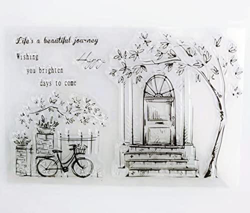 WooYangFun Life is a beaufiful Journey Fahrrad Blume Tür Fenster Gummi Transparent Stempel für Karten Dekoration und Scrapbooking 11 x 16 cm von WooYangFun