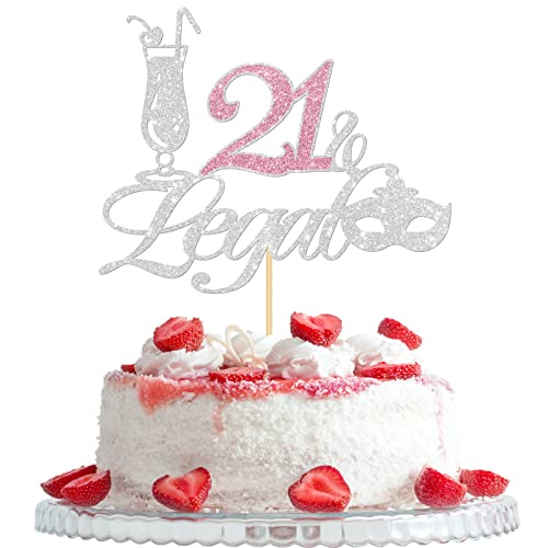 21 & Legal Cake Topper, Girl Happy 21st Birthday Party Dekoration, endlich legal 21 Jahre alt Party Supplies, Silber & Rosa Glitzer von Woobobii