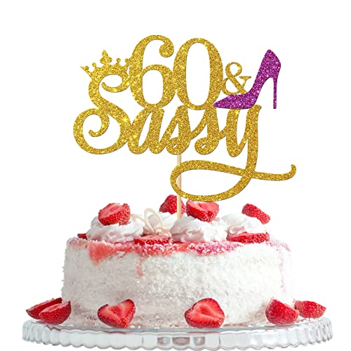 60 & Sassy Cake Topper, 60th Birthday Party Decorations, Hello 60 Year- 60 and Fabulous Thema Cake Decors for Woman, Female 60 Years Old Birthday Anniversary Supplies, Gold & Purple von Woobobii