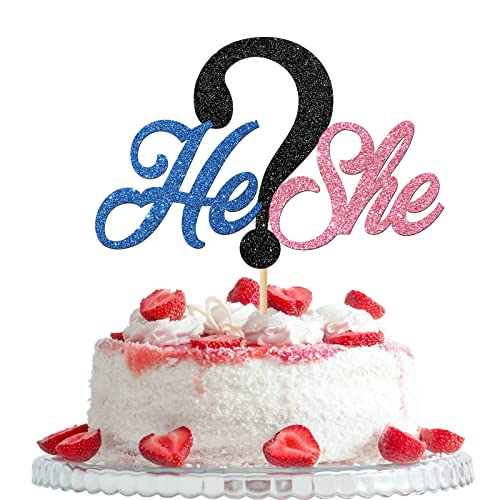 He or She Cake Topper, Gender Reveal Party Supplies for Baby Shower, Boy or Girl / Pink or Blue Sign Welcome Baby Jungen and Girls Party Cake Decors, Black von Woobobii