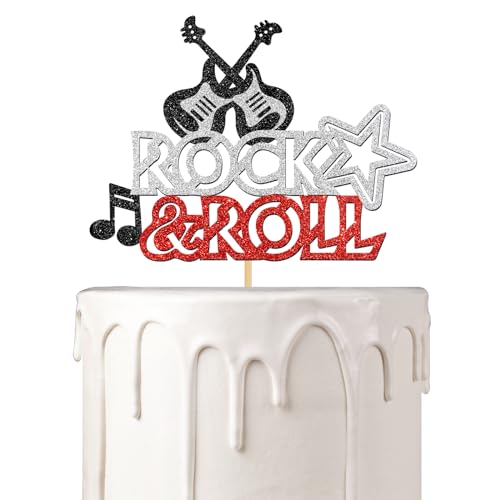 Rock and Roll Cake Topper, Cake Topper mit Rock and Roll Mottopartyzubehör, Musikthema für Rock Roll Gitarristen-Partydekoration, schwarz & rot Glitzer von Woobobii