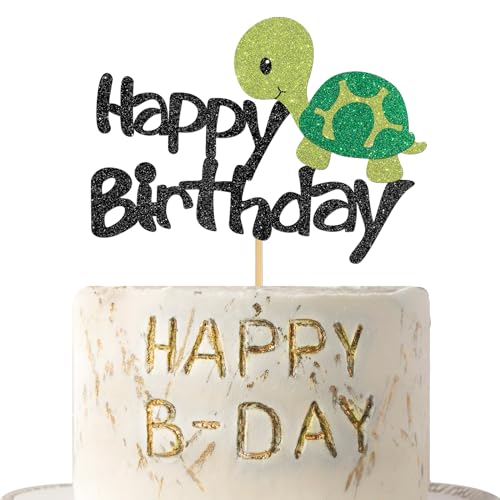 Turtle Happy Birthday Kuchenaufsatz, Meer Ozean Thema Happy Birthday Party Dekorationen, Tiere niedliche Cartoon Thema Party Supplies, Grün & Schwarz Glitzer von Woobobii