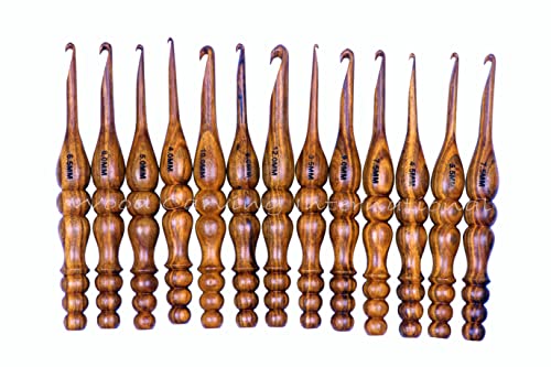 Wood Carving International Premium Häkelnadeln aus Holz, Set mit 13 Größen, 3,5 mm bis 12, Palisander, ergonomischer weicher Griff für Strick- und Häkelnadeln, Stricken, Weben, Garn, Handwerk (Set 7) von Wood Carving International