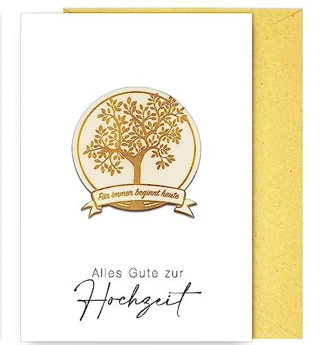 Woodland Mail Hochzeitskarte mit besonderem Andenken aus Holz auf der Vorderseite (Für immer beginnt heute) von Woodland Mail