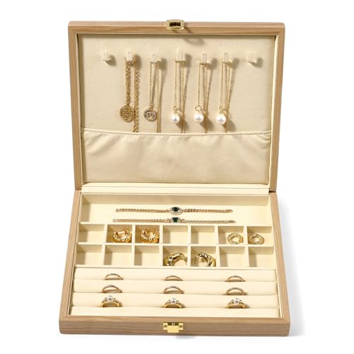 Woodten Schmuckschatulle aus Massivholz, Reise-Schmuck-Organizer, Aufbewahrungsbox für Mädchen, Damen, Ohrringe, Ringe, Halsketten, Anhänger, Armbänder, Organizer (Beige) von Woodten