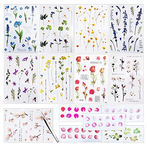Woohome 18 Stück Aufkleber aus Kunstharz und Pinzette, Blumenblätter, 3D-Aufkleber für Formen aus Silikonharz, transparent zum Dekorieren von Aufklebern für Handwerk aus Harz von Woohome