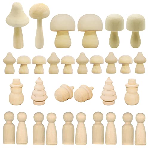 Woohome 32 Stück Holzpilze Bemalen Figuren Holzfiguren, Holz Pilze Set Holzfiguren Mädchen Dekoration Kleine Holzfiguren zum DIY Holzfiguren, Kinder Bastelprojekte, Malen, Spiele von Woohome