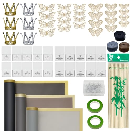 Woohome 60 Blatt Blumenstrauß Verpackungspapie, Floristenverpackungspapier mit 3D Schmetterling Dekor Diamant Nadeln Bänder Kronen für Geburtstag Festival Hochzeit - Schwarz Grau Silber von Woohome