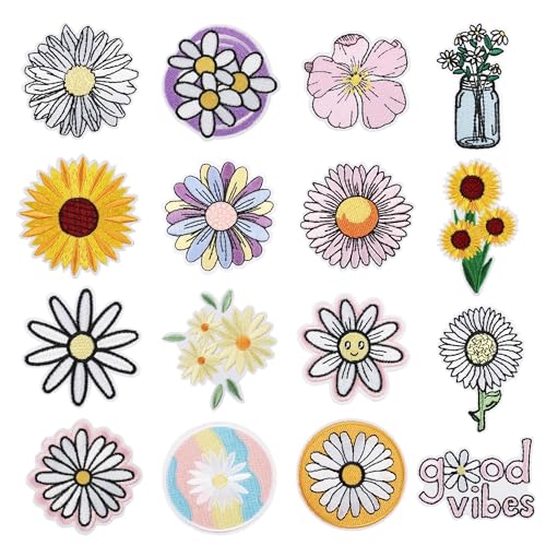 Woohome Patches zum Aufbügeln, 16 Stück Blume Patch Sticker für Kleidung, Daisy Aufnäher Applikation Flicken Zum Aufbügeln Kinder Patches für für DIY T-Shirt Jeans Kleidung Taschen von Woohome