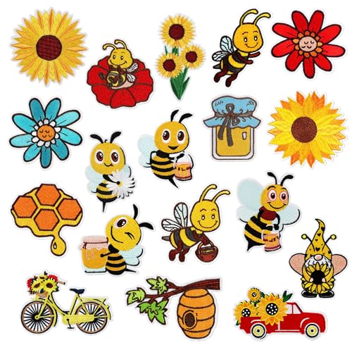 Woohome Patches zum Aufbügeln, 18 Stück Biene Patch Sticker für Kleidung, Sonnenblume Aufnäher Applikation Flicken Zum Aufbügeln Kinder Patches für für DIY T-Shirt Jeans Kleidung Taschen von Woohome