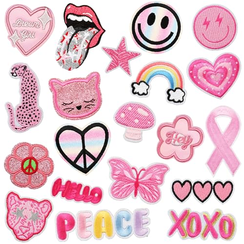 Woohome Patches zum Aufbügeln, 20 Stück Pink Patch Sticker für Kleidung Blumen Aufnäher Applikation Flicken Zum Aufbügeln Kinder Patches für für DIY T-Shirt Jeans Kleidung Taschen von Woohome