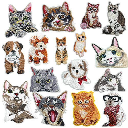 Super süße Katze Set und Hund Patches zum Aufbügeln, Woohome 16 Stück Patch Sticker für Kleidung Blumen Aufnäher Applikation Flicken Zum Aufbügeln Kinder Patches für für DIY T-Shirt Jeans von Woohome