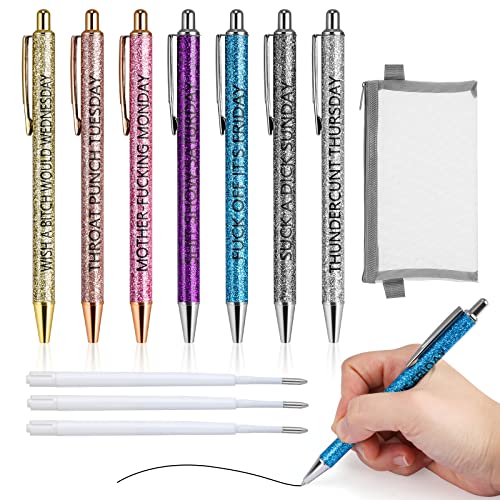 7 Stück Metall Kugelschreiber Set Glitter Druckkugelschreiber Lustige Stifte,Sieben Tage der Woche Stift Beschreibende Mentalität Stift,Schwarze Tinte 1,0 mm,mit Stiftetui und Kugelschreiberminen von Wooledy