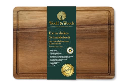 Woolf & Woods | Schneidebrett Holz | extra dick | reines Naturprodukt aus Akazie | nachhaltig | unbehandelt | Küchenbrett & Servierplatte | 35cm x 25cm x 3cm von Woolf & Woods