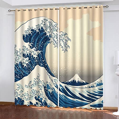 Gardinen Blickdicht Japan Vorhang Verdunkelung Schlafzimmer mit Ösen Gardinen Wellen 3D Polyester Verdunkelungsvorhang für Kinderzimmer Wohnzimmer Wohnkultur 2-Set B 140x H 250cm von Woowin