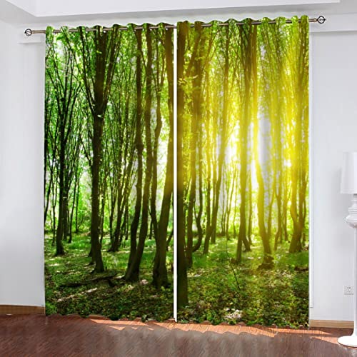 Gardinen Blickdicht Wald Vorhang Verdunkelung Kinderzimmer mit Ösen Gardinen Natürliches Grünes Holz 3D Polyester Verdunkelungsvorhang für Schlafzimmer Wohnzimmer Wohnkultur 2-Set B 75 x H 166cm von Woowin