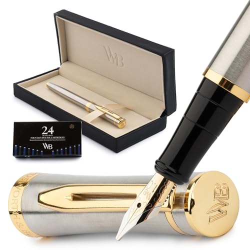 Wordsworth & Black Füllfederhalter-Set, 18K vergoldete Breite Feder, inklusive Tintenpatronen im 24er-Pack, Tintennachfüll-Konverter und Geschenketui, Gold-Beschichtung [Silber Gold] von Wordsworth & Black