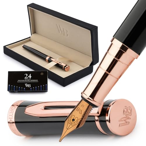 Wordsworth&Black Füllfederhalter-Set,18 K vergoldete Mittlere Feder,inkl. 24er-Pack Tintenpatronen,Tintennachfüllkonverter und Gechenkbox,Gold-Finish,[Schwarzes Roségold],Perfekt für Männer und Fraun von Wordsworth & Black