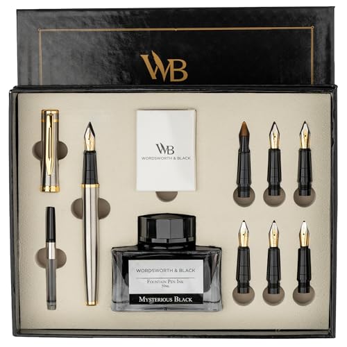 Wordsworth & Black Kalligrafie-Füllfederhalter-Set, enthält Tintenflasche, 6 Tintenpatronen, Tintennachfüllkonverter, 6 Ersatzfedern, Premium-Paket, Journaling, glatte Schreibstifte [Silber Gold] von Wordsworth & Black