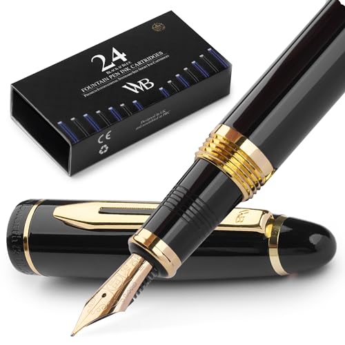 Wordsworth & Black Füllfederhalter Majesti – Luxusgehäuse (schwarz) mit 24 Karat Gold-Finish, extra feine Feder 18 Karat – Tintenpatronen, nachfüllbarer Tintenkonverter – Kalligraphie-Stift von Wordsworth & Black