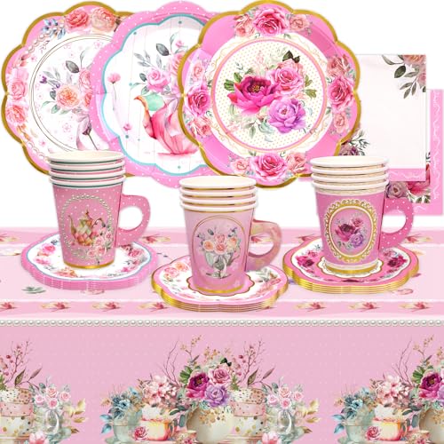 Pink Tea Party Supplies Floral Party Dinnerware Tea Party Decorations Paper Tea Cups and Saucers, Plates Napkins Tablecloth von WorldBazaar