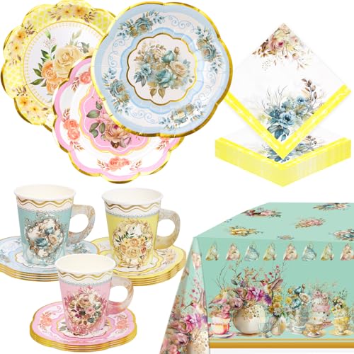 Tea Party Supplies Floral Party Dinnerware Tea Party Decorations 24 Paper Tea Cups and Saucers, Plates Napkins Tablecloth von WorldBazaar